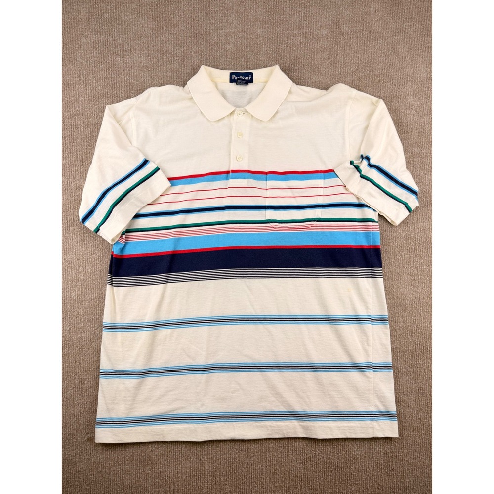 VTG 90s Par Four Striped Polo Shirt Mens Medium Cotton Golf Distressed Retro
